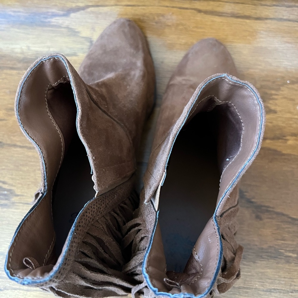 Brown Suede like Fringe Ankle Boots